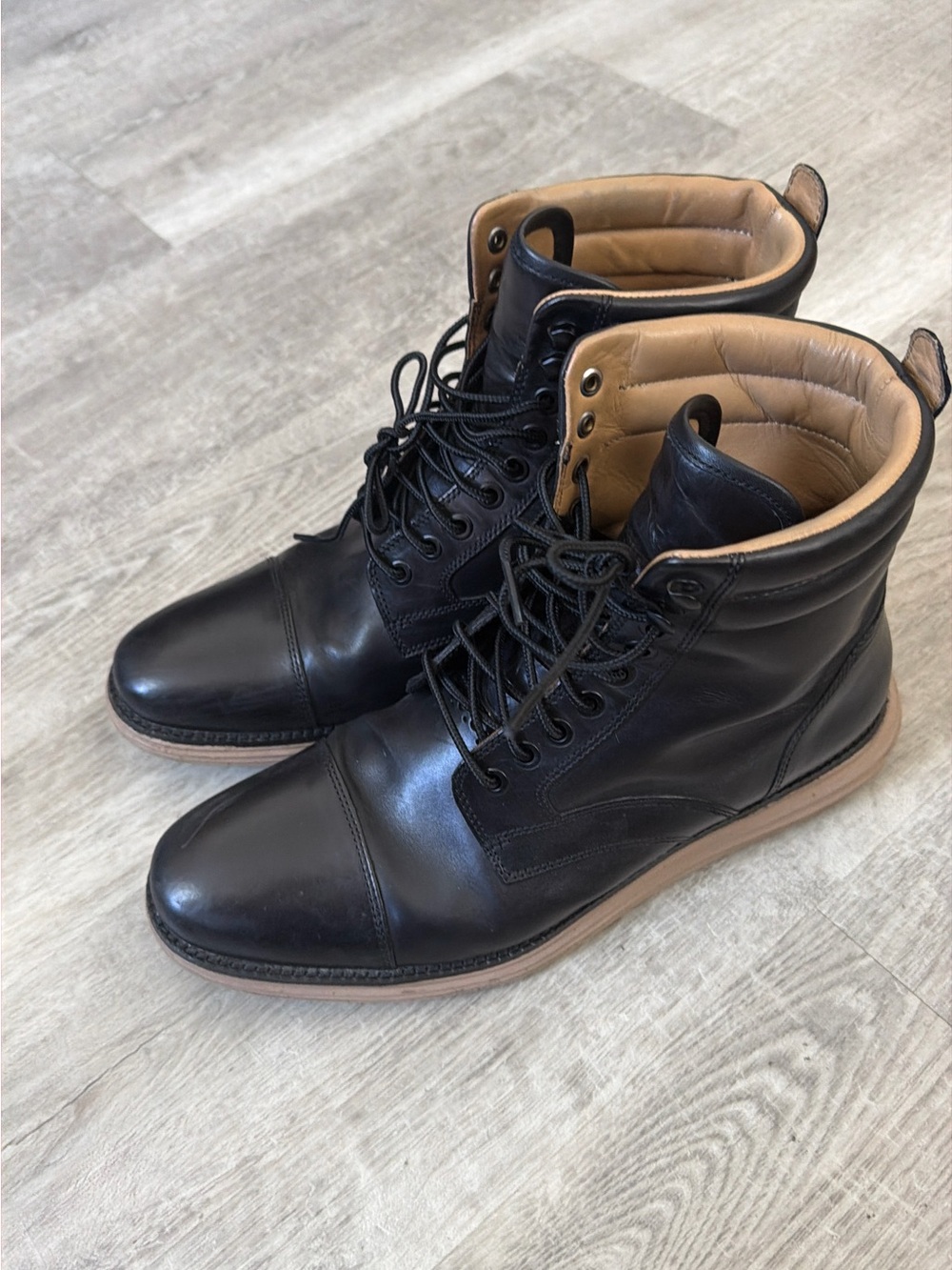 Cole Haan Black Leather Lace-Up Boots with Tan Interior